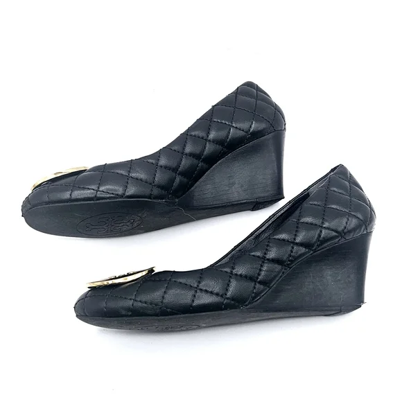 Tory Burch Black Quilted Wedges with Gold Logo - Picture 12 of 15